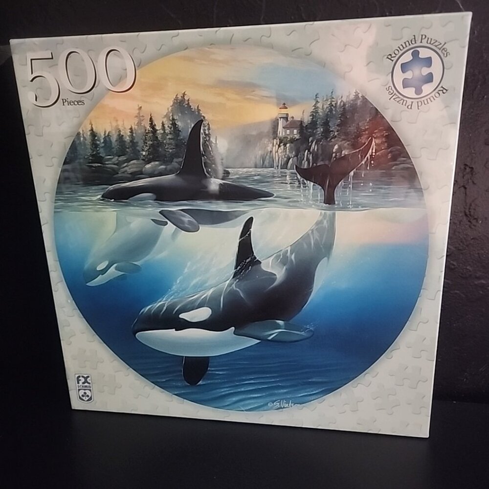 New Sealed Vintage F.X. Schmid Round 500 Piece Jigsaw Puzzle - Orca Cove